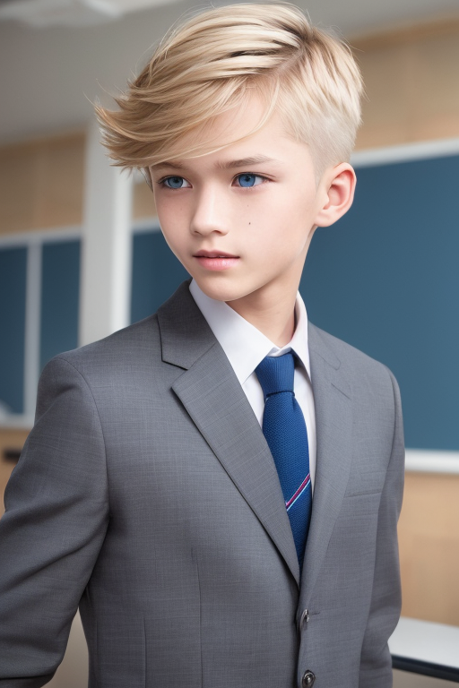  [Boy-149] Blonde blue-eye male character, Blonde wall male student live-action image, classroom background, and school-related free image