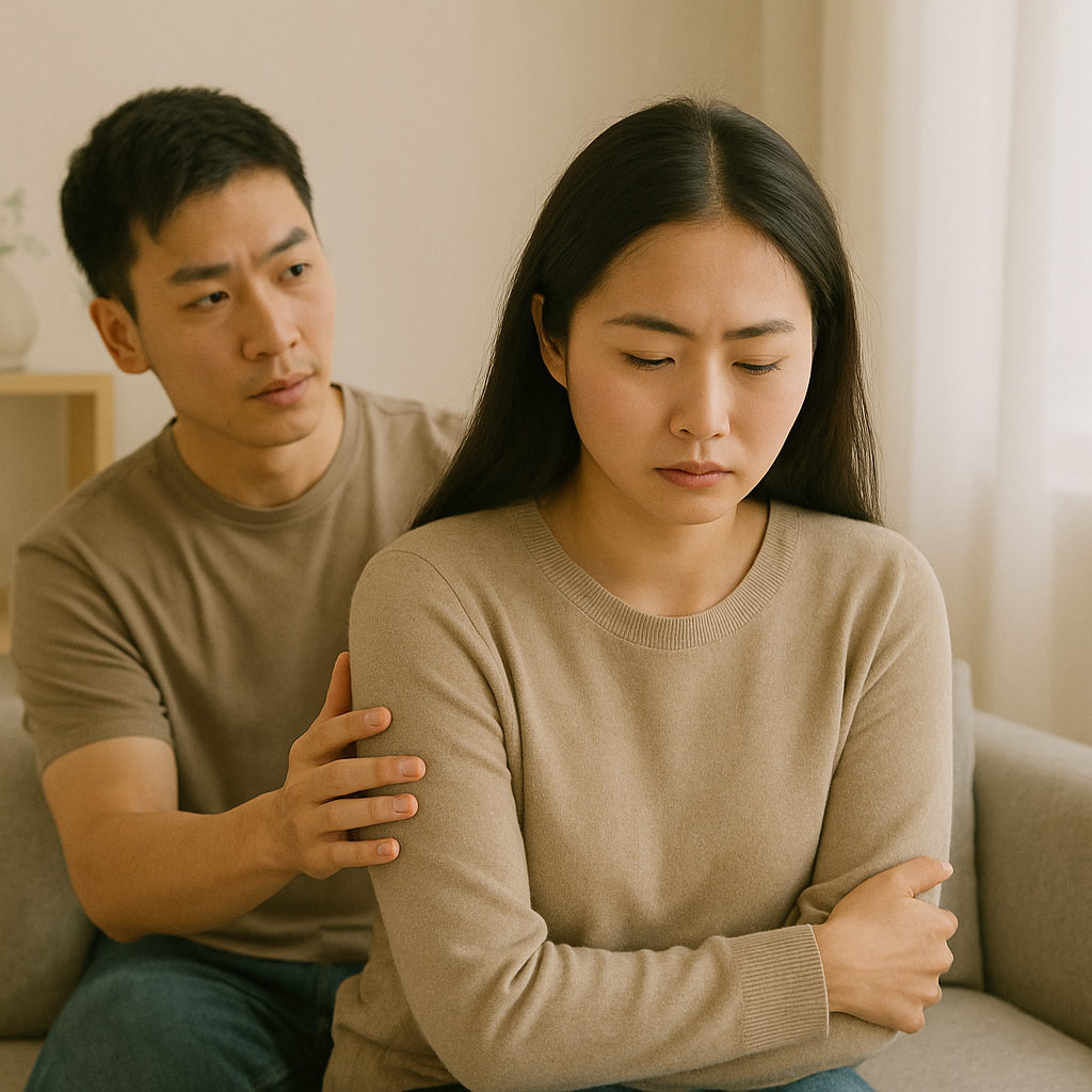 거리감을 느끼며 등을 돌린 여성과 다가가는 남성
