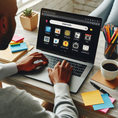 노트북으로 인터넷을 검색하는 사람의 손.