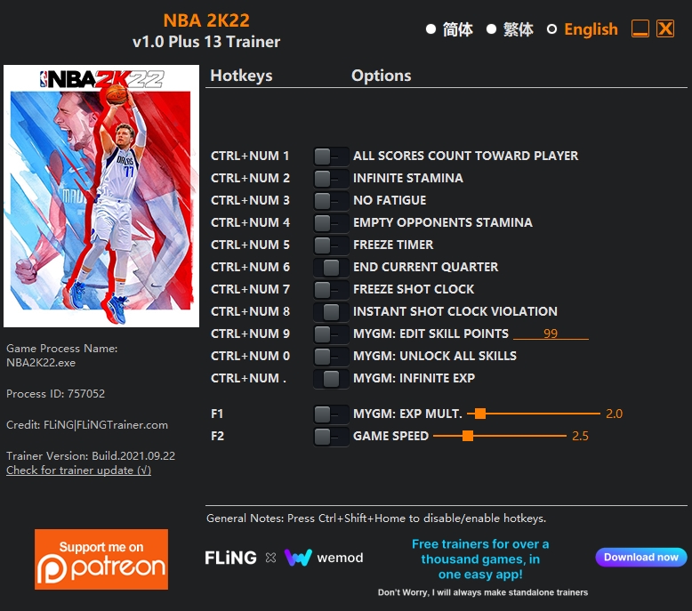  [트레이너] 한글판 NBA 2K22 최신 영문판 NBA 2K22 v1.0 Plus 13 Trainer