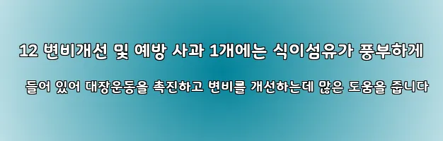  12 변비개선 및 예방 사과 1개에는 식이섬유가 풍부하게 들어 있어 대장운동을 촉진하고 변비를 개선하는데 많은 도움을 줍니다