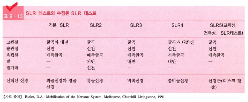 SLR 테스트의 응용방법을 정리한 표