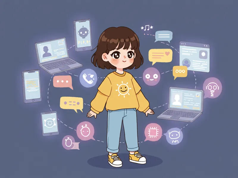 캐릭터가 스마트폰, 노트북, AI 챗봇 등 다양한 디지털 기기에 둘러싸인 모습, 2025년 소통 트렌드를 나타냄, 파스텔 색상의 귀여운 만화 그림