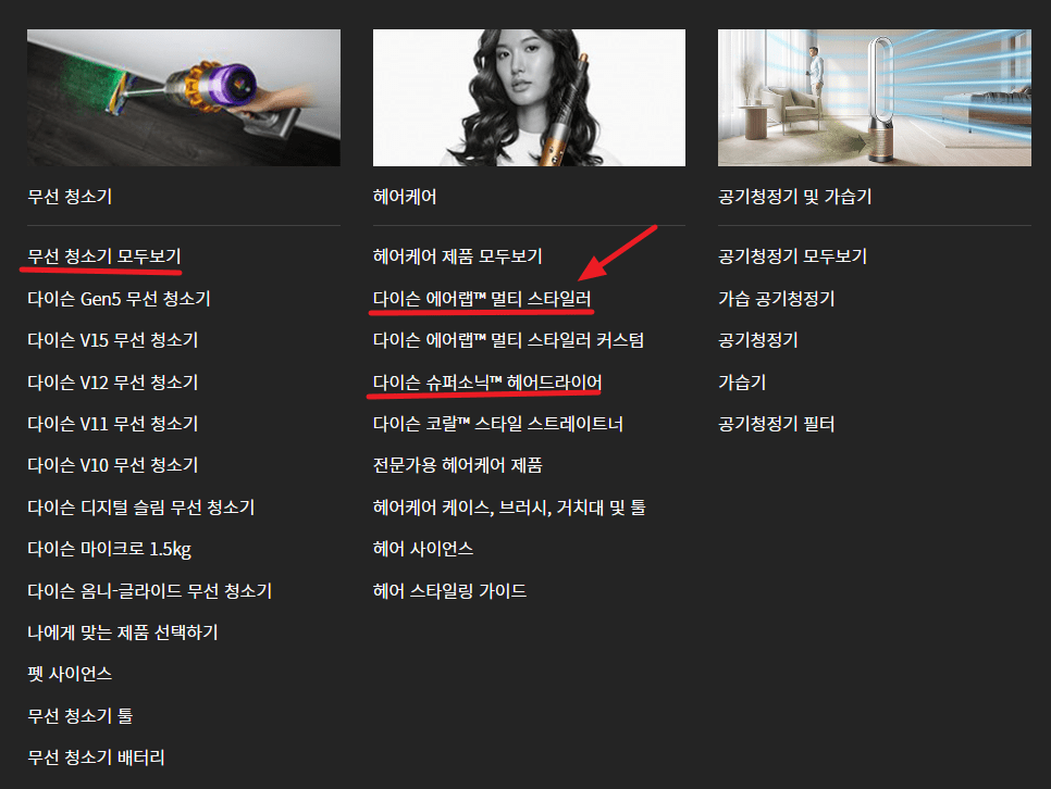 다이슨 공식 홈페이지 화면