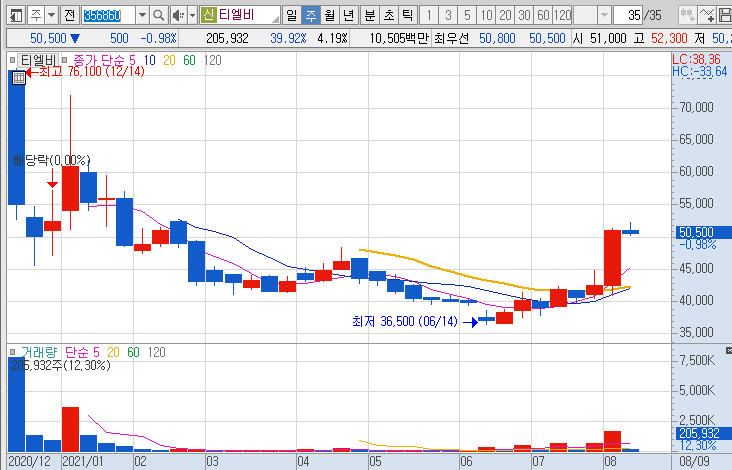 티엘비-주가-흐름-차트