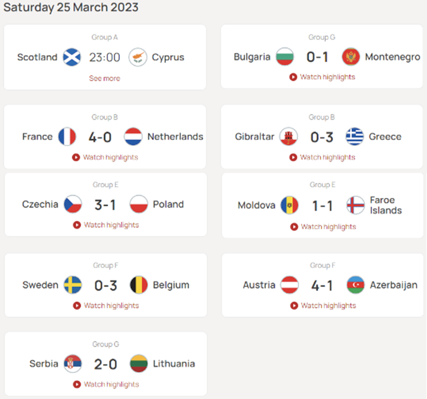 UEFA 유로 2024 예선 경기 결과 매치데이1 2023년 03월 25일 금요일