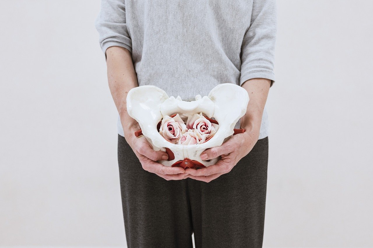 한 남성이 서서&#44; 골반 속에 흰색 장미를 가득 담아 놓은 골반 뼈를 들고 있는 사진.