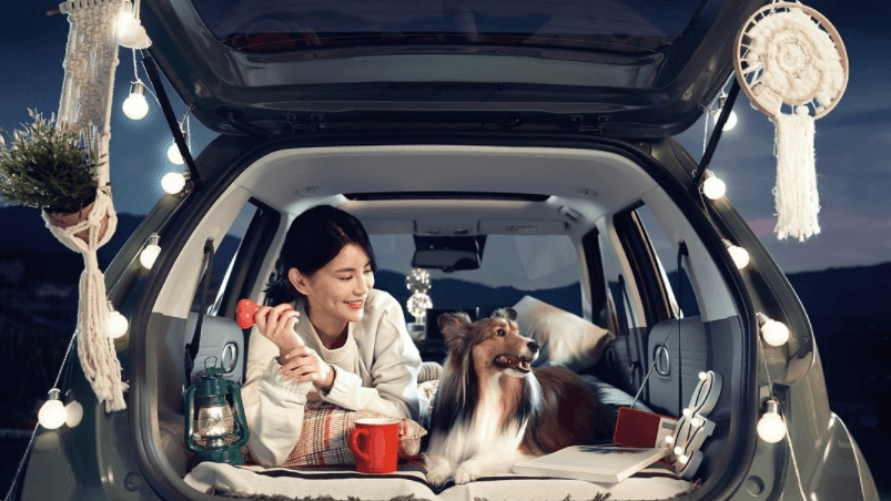 현대 캐스퍼 차량에서 차박하는 여성과 강아지 한마리