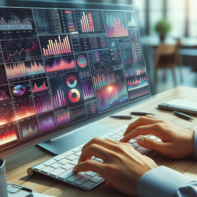 데이터 분석 작업을 하는 사람의 손과 다양한 차트가 보이는 이미지를 보여줍니다.