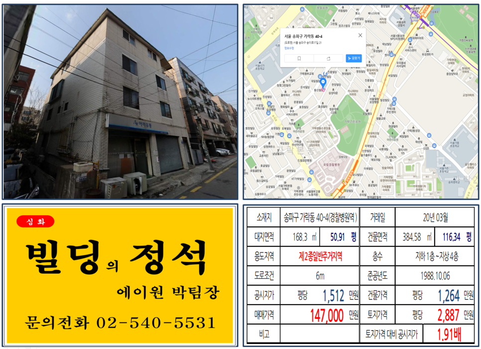  [송파구 경찰병원 역세권 꼬마빌딩 실거래가 조회] 가락동 40-4 (경찰병원역) 14.7억 원, 평당 2,887만 원, 송파구 10억 꼬마빌딩