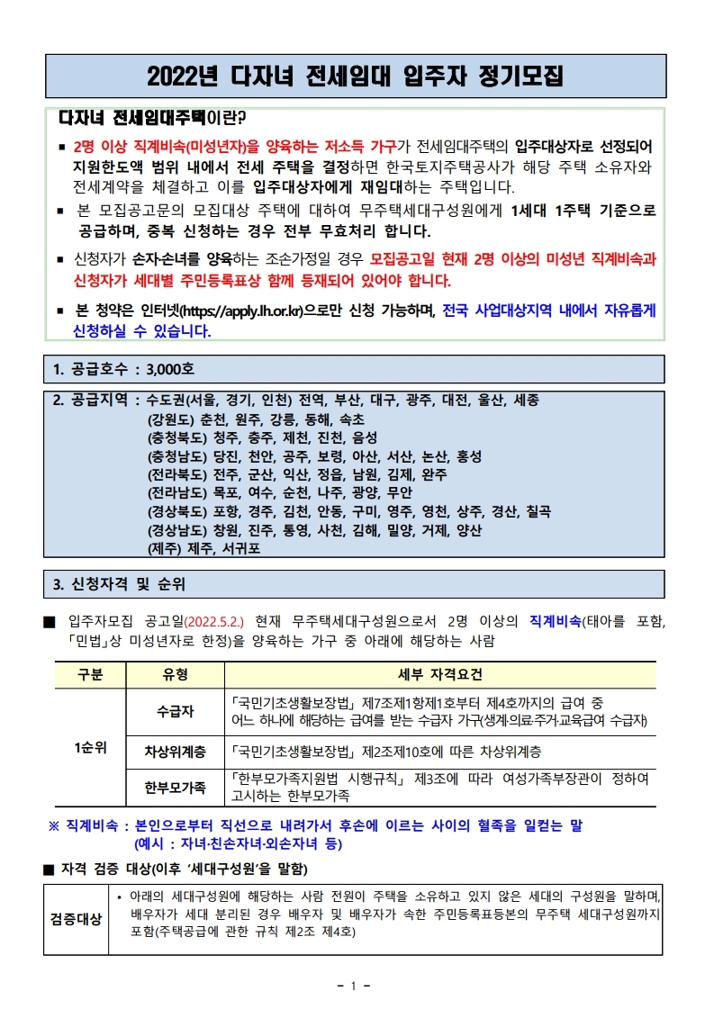  2022 다자녀 전세임대 1순위 입주자 모집 공고문