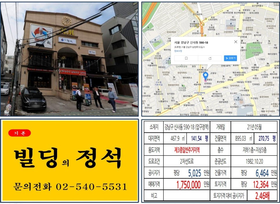  [강남구 도산대로 100억 올근생 꼬마빌딩 실거래가 조회] 신사동 590-18 (압구정역) 175억 원, 평당 1억 2,364만 원 매매되었습니다. 압구정 성형외과 거리