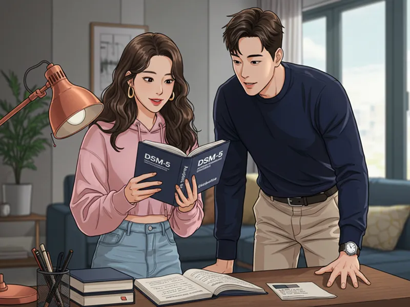 DSM-5를 보며 반사회성 인격장애 진단 기준을 확인하는 여성.