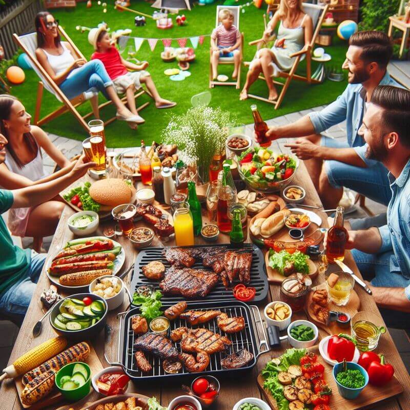 슈하스코 스테이크와 다양한 음식들이 테이블에 놓여있고 테이블 주변에는 사람들이 둘러 앉아서 술을 마시고 있다.