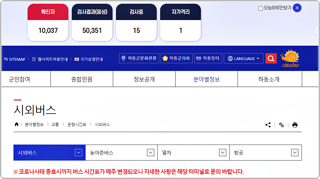  하동시외버스터미널 시간표(화개, 진교 포함)