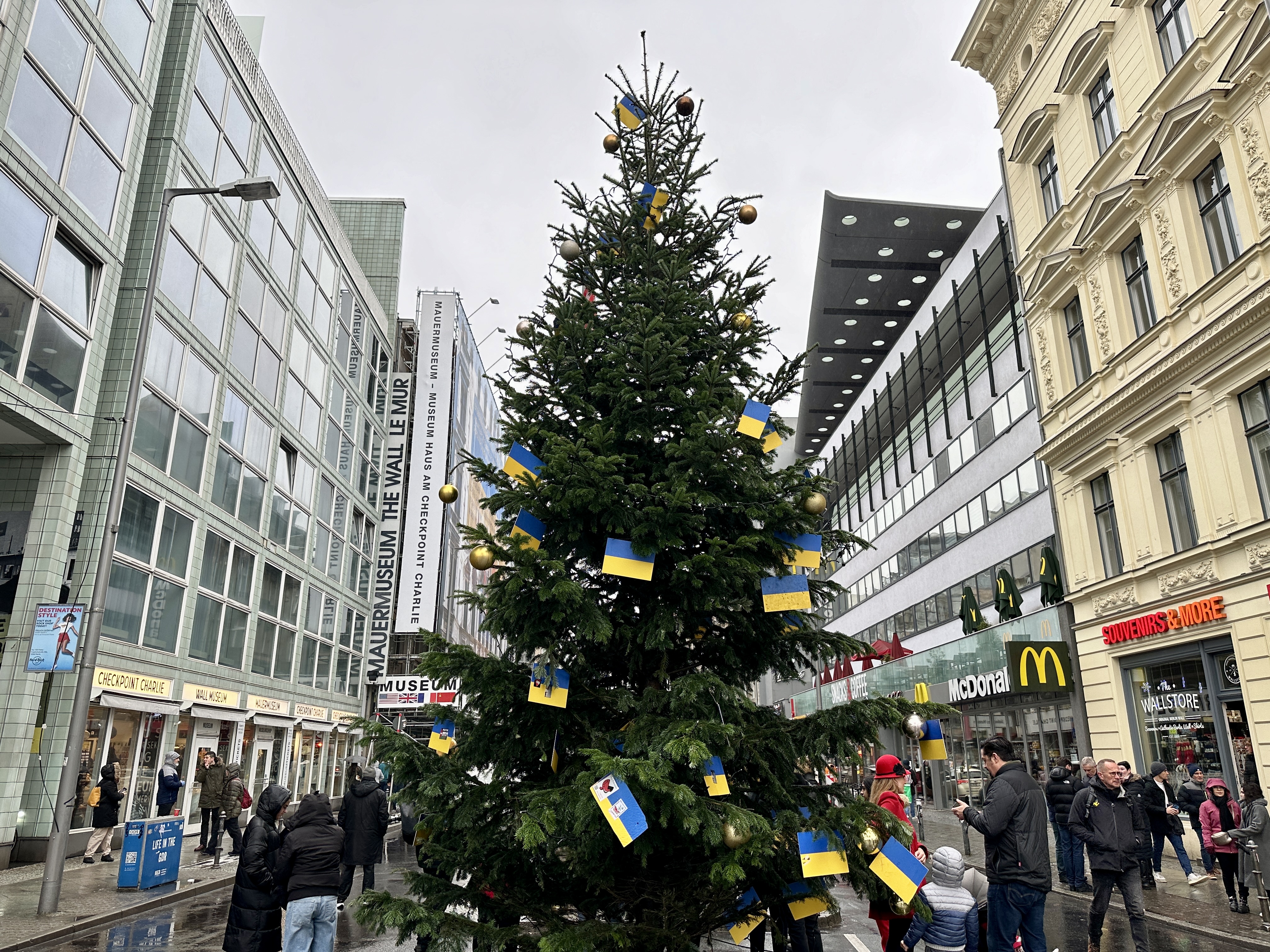 우크라이나 국기가 걸린 체크포인트 찰리 앞 나무