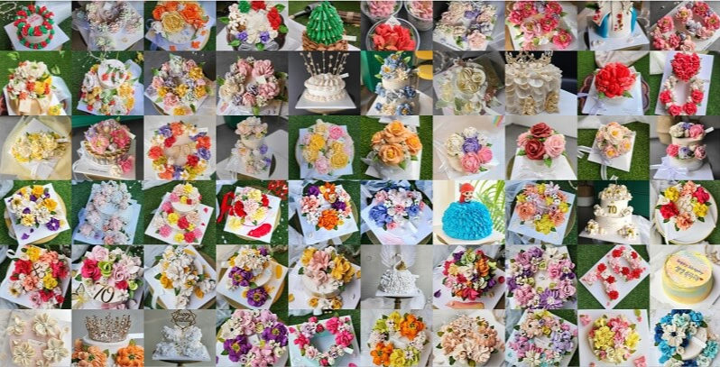 알록달록한-꽃장식이-달린-케이크-여러개의-사진이-있는-화면을-캡쳐한-사진
