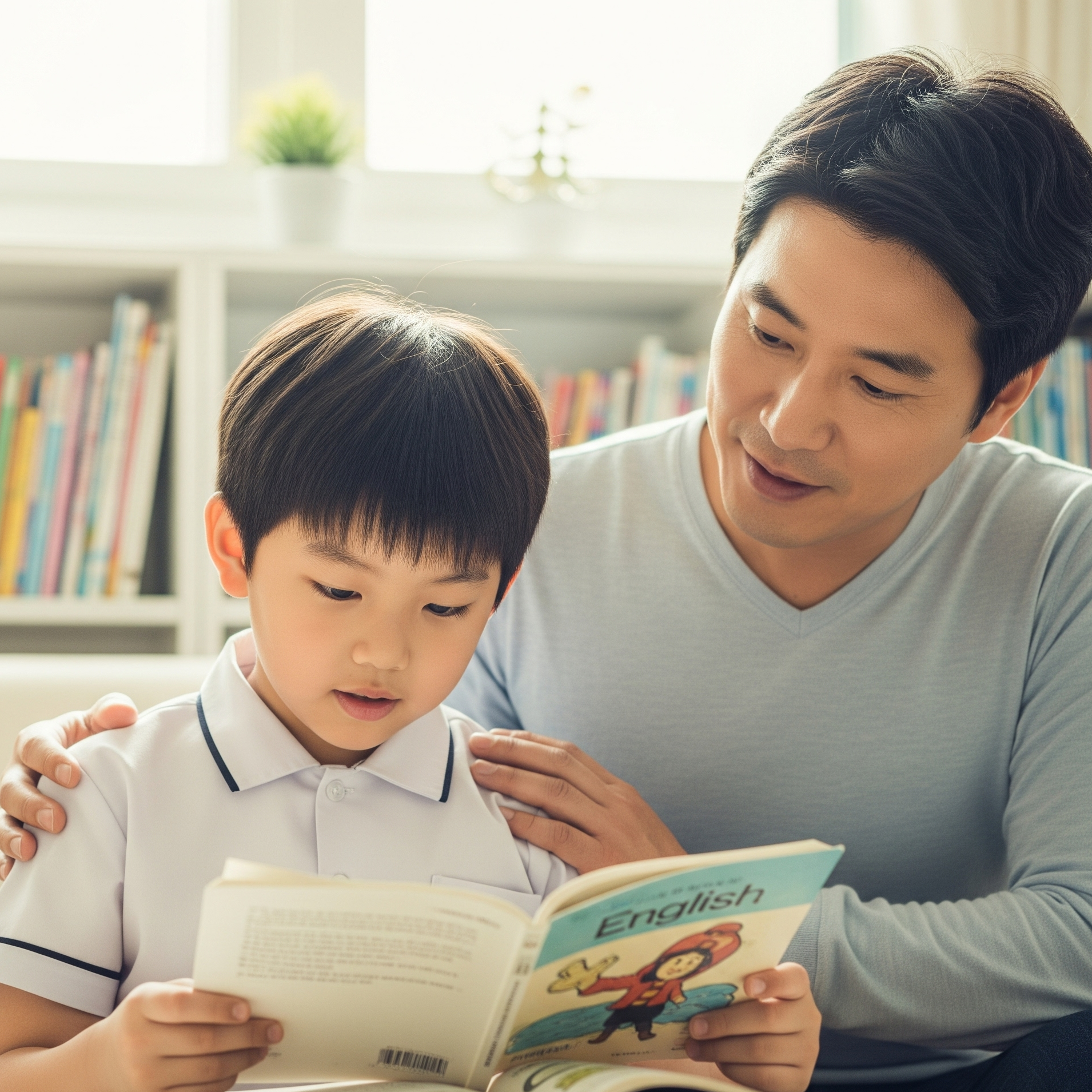 아빠와 함께 영어 책을 읽고 있는 아이