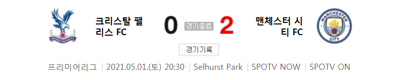  20/21 EPL 34라운드 - 크리스탈 팰리스 대 맨체스터 시티 경기 하이라이트 (2021년 5월 1일)