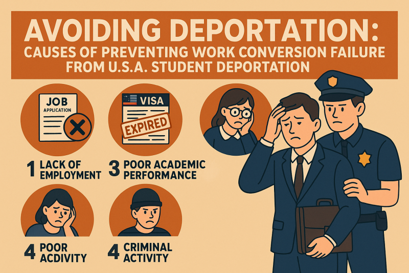 An illustrated infographic showing common causes of U.S. student visa deportation, including unemployment, visa expiration, and poor academic performance.