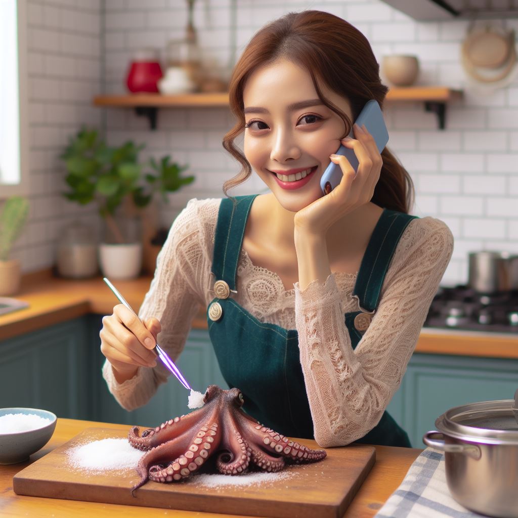 예쁜 한국인 주부가 미시룩을 입고 문어를 굵은 소금으로 깨끗하게 씻어서 손질하는 장면을 그려줘