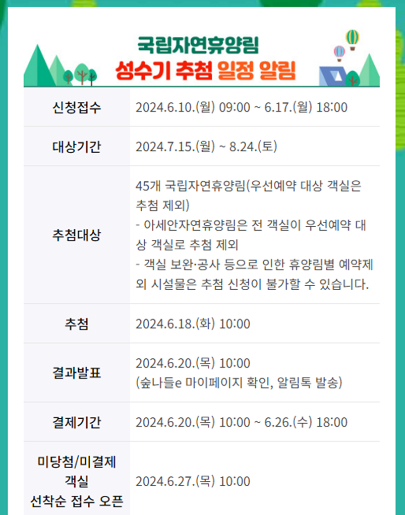국립자연휴양림 성수기 추첨 방법