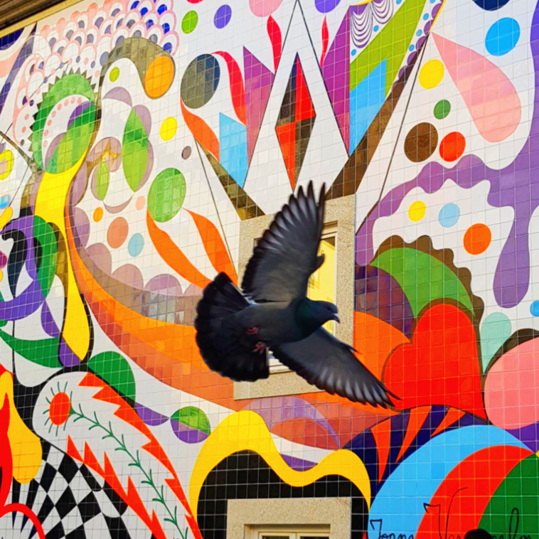 포르투갈 포르토 알록달록한 타일벽화와 비둘기