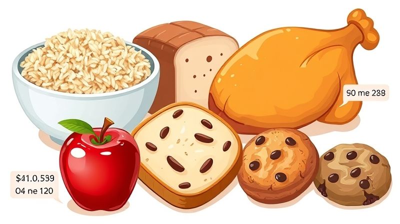 밥, 빵, 고기 등 우리가 흔히 먹는 주요 음식들의 칼로리 정보 이미지