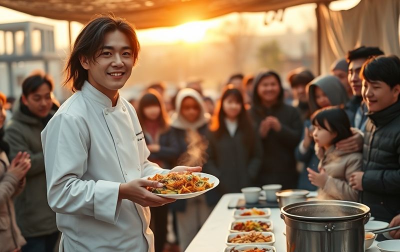 산불 피해 지역에서 급식 봉사활동을 하는 BTS 진과 백종원