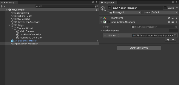 오브젝트 컴포넌트로 스크립트 Input Action Manager가 들어가있다.