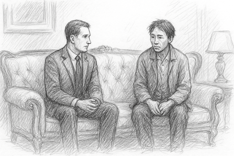 고급 응접실 소파에 앉은 백기찬과 초라한 옷차림의 김선옥