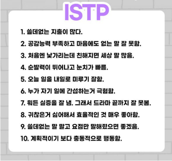  재미로 보는 MBTI - 내향형 팩폭 2 (ISTP ISFP INFJP INTP)