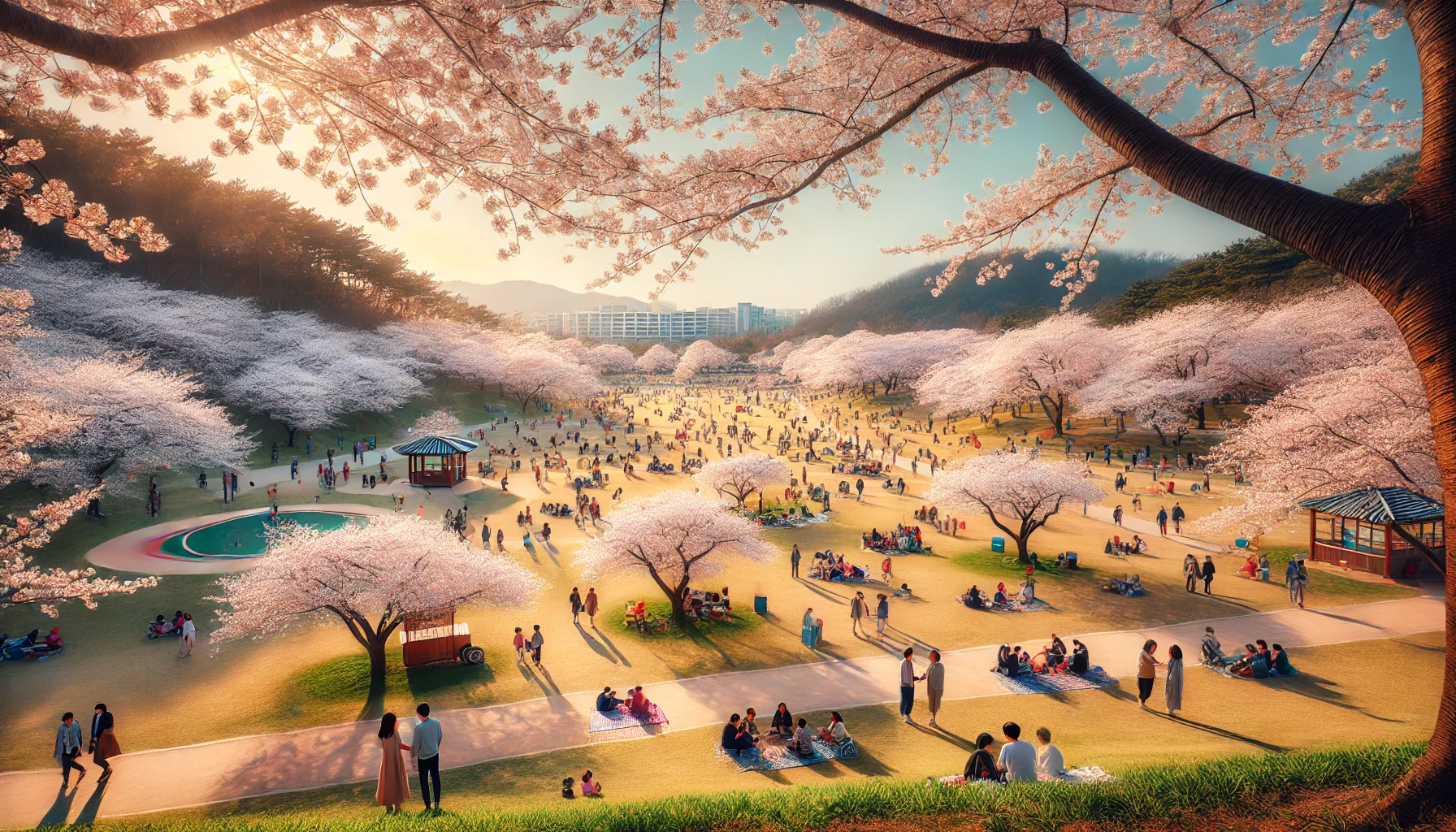 황산공원 벚꽃 만개한 낮 풍경 &ndash; 잔디밭과 여유로운 봄 피크닉 