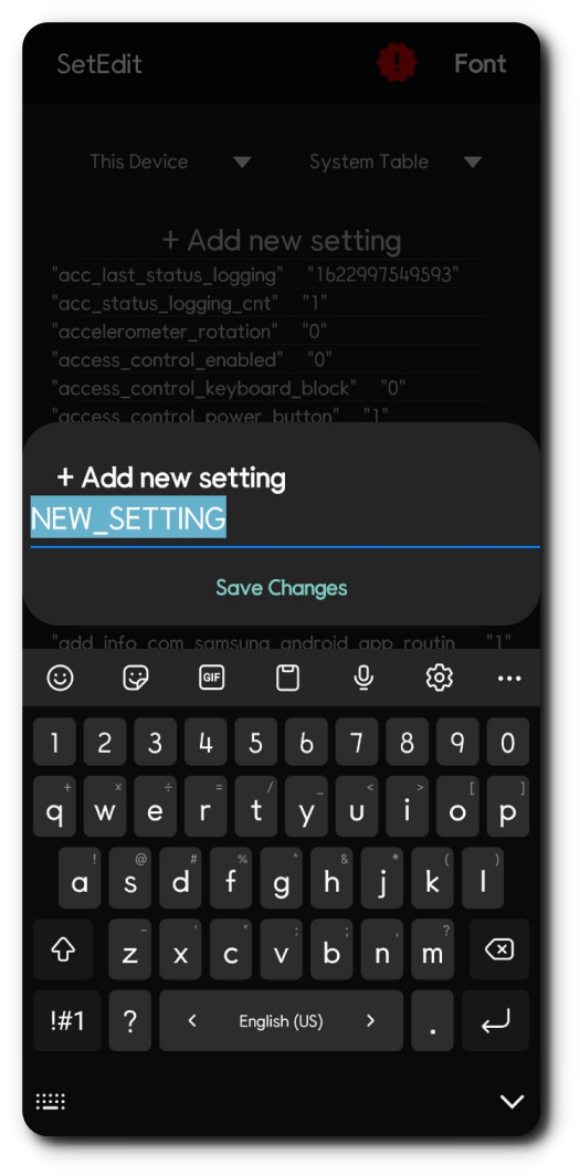 'SetEdit'앱에서 'Add new setting'