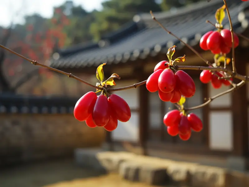 전통 한옥을 배경으로 붉은 산수유 열매가 달린 나뭇가지를 클로즈업한 사진. 산수유의 자연적인 아름다움과 건강함을 보여준다.