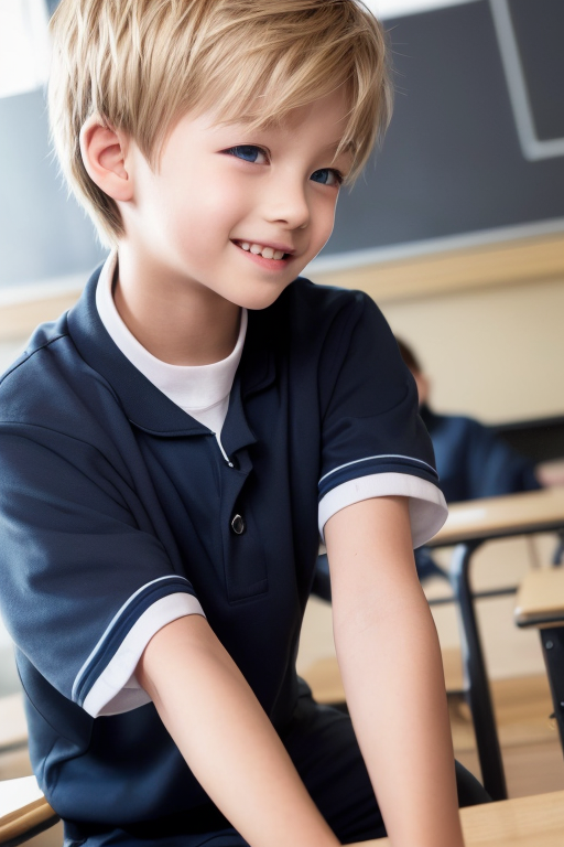  [Boy-144] Blond and Blue-eyes Boy. Free Ai Live Illustration Picture, Classroom Background