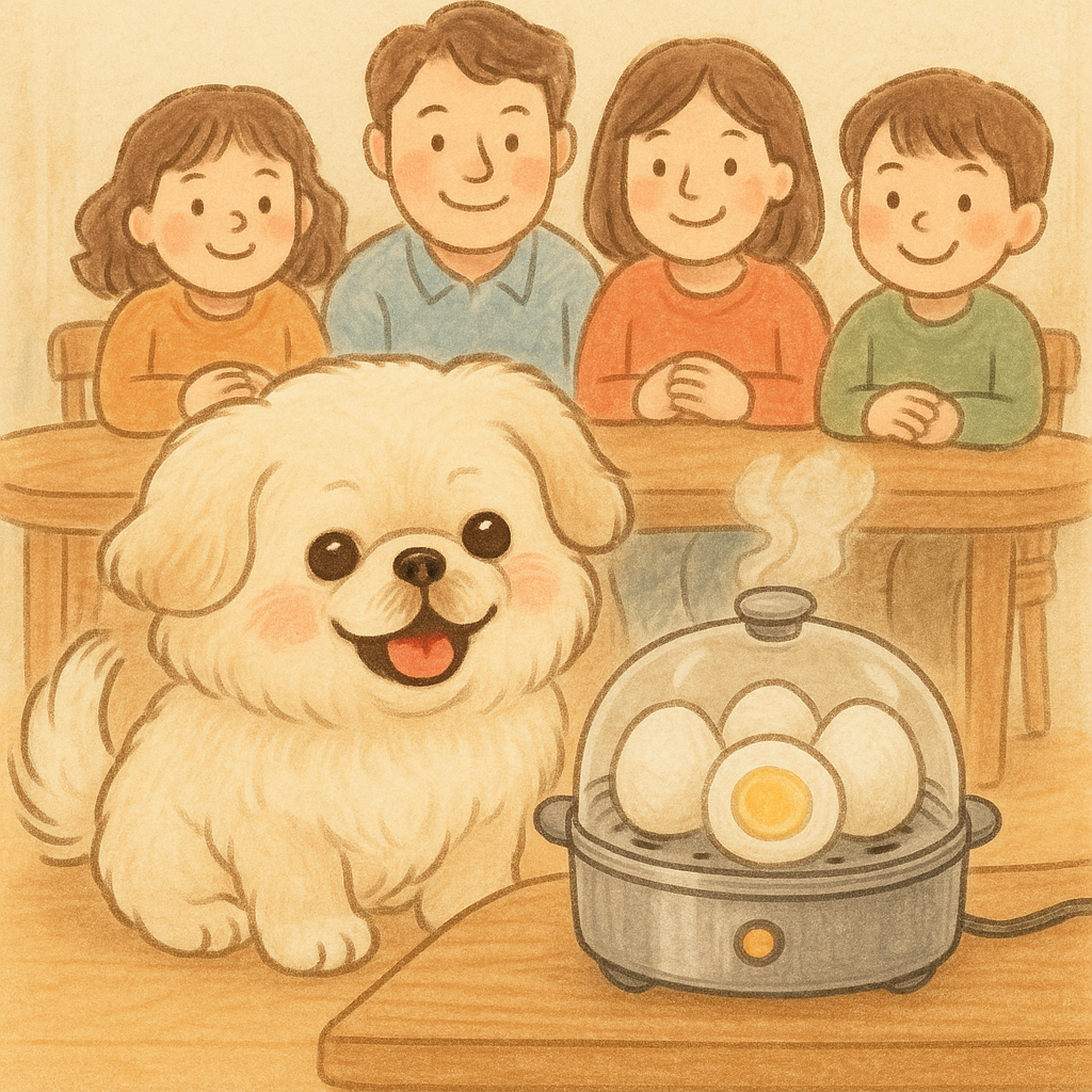 작은 찜기 계란이 쪄지기를 기다리는 가족들과 강아지