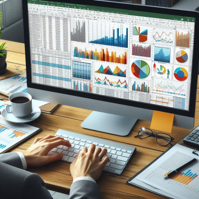 대형 모니터에 여러 데이터 표와 그래프가 표시된 이미지로, 분석 작업이 진행 중입니다.