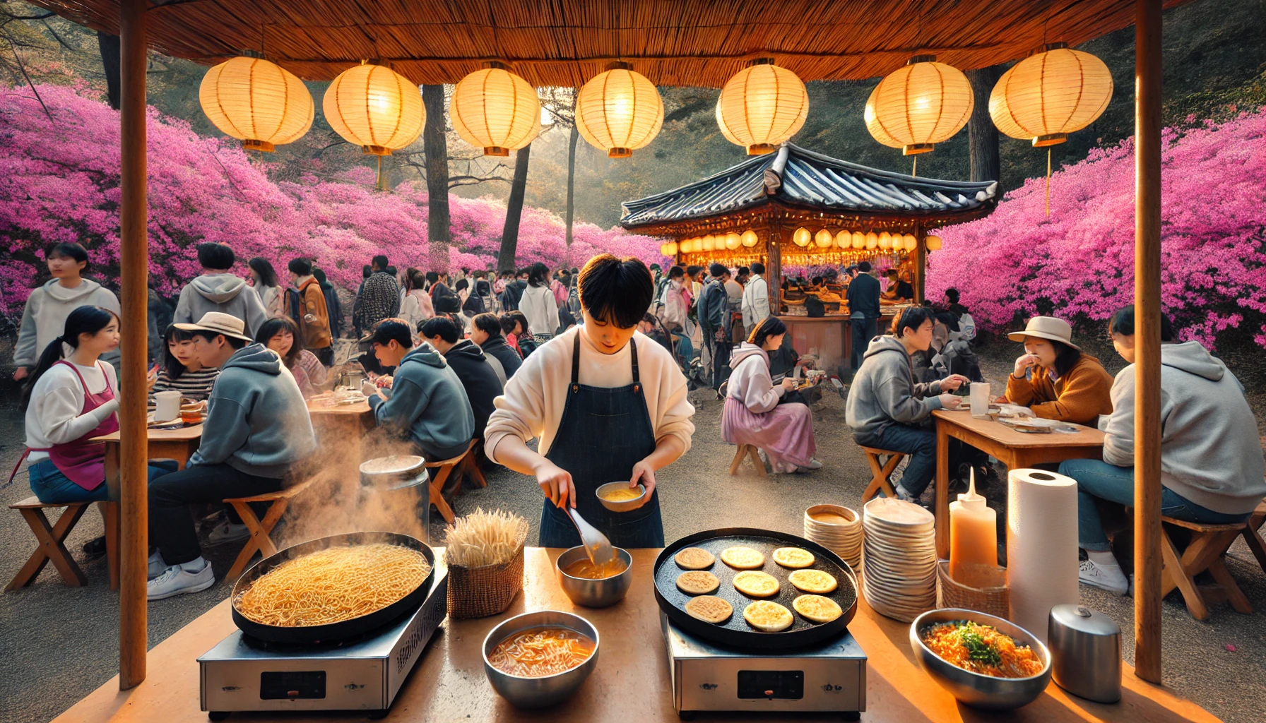 여수 영취산 진달래축제 먹거리 부스 &ndash; 바지락 칼국수&amp;#44; 해물파전&amp;#44; 돼지두루치기 등 지역 특산물 체험