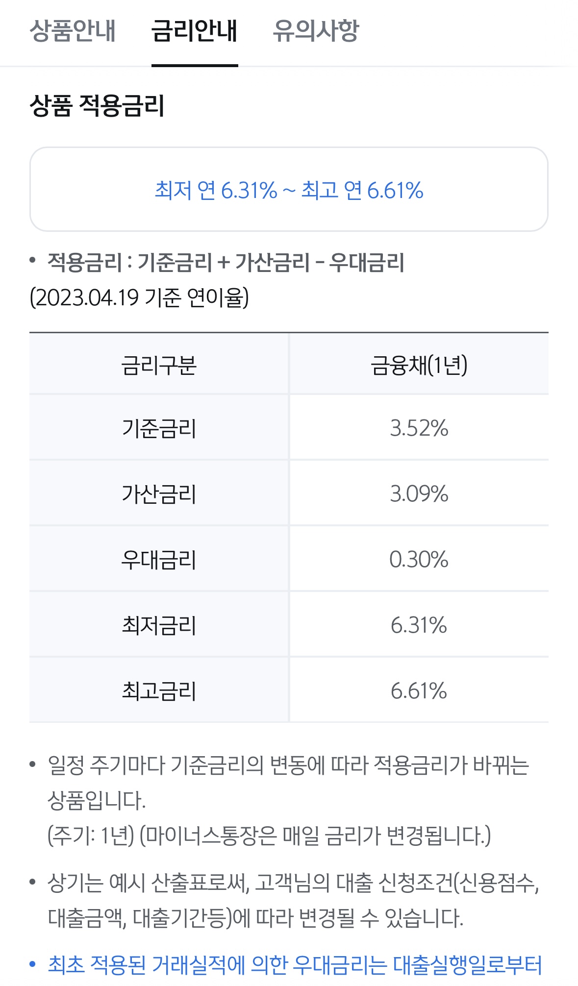 쏠편한 비상금대출 상품적용금리