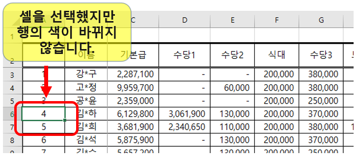 행의 색이 바뀌지 않는 예시