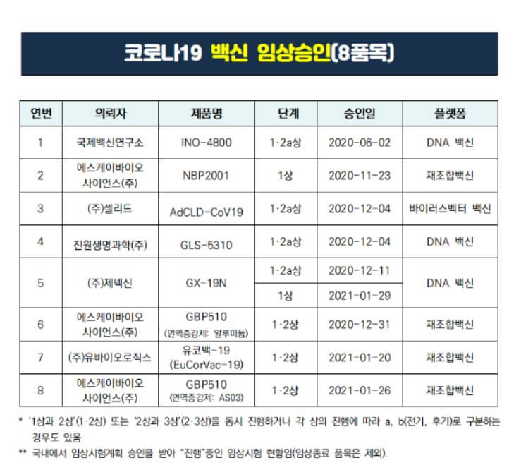 임상승인 백신 목록 사진