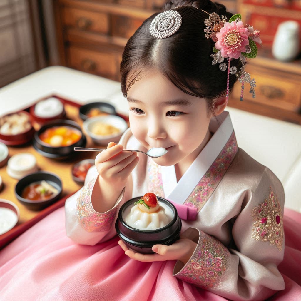 한국 전통 과자를 먹고 있는 아이