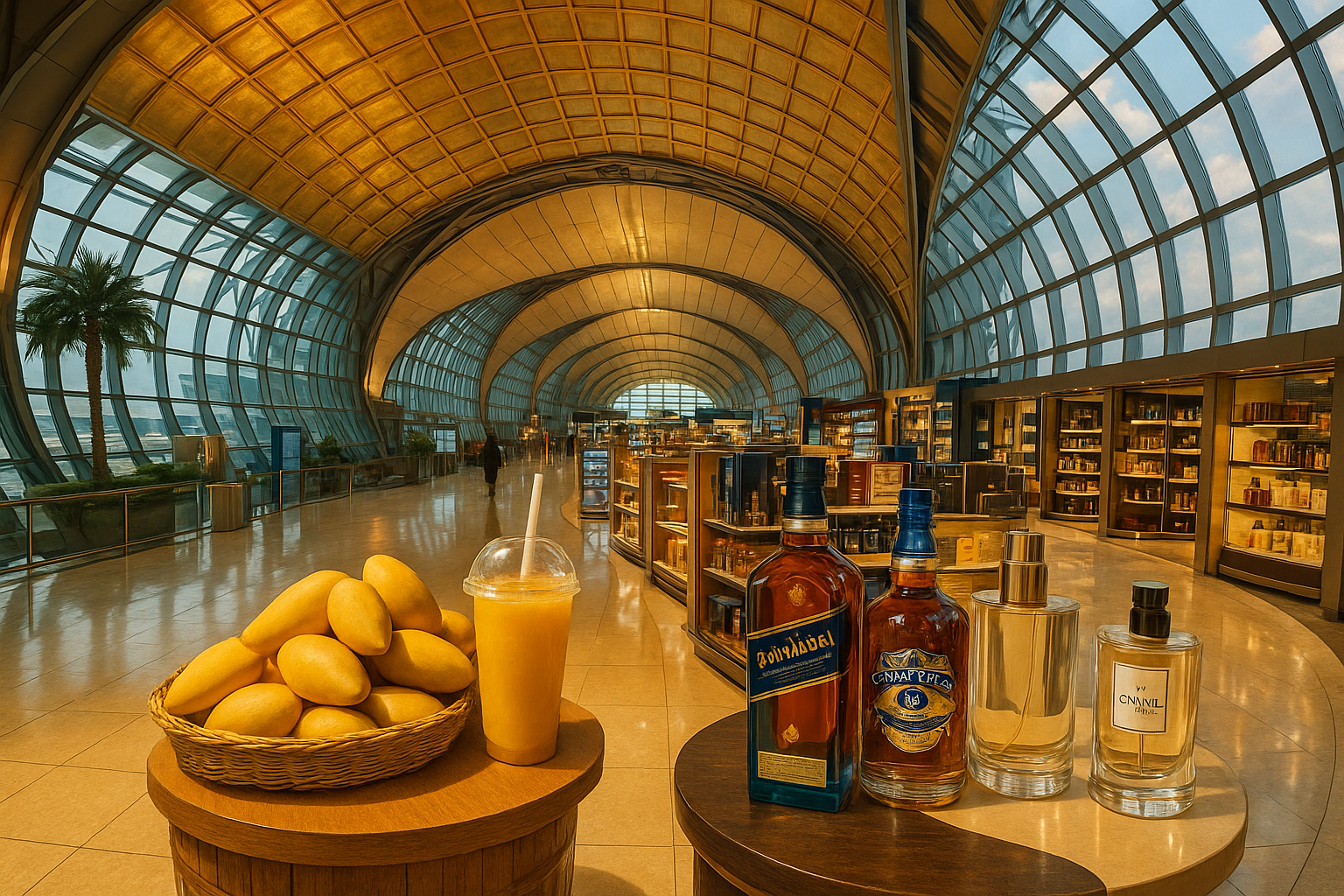 ✈️ 수완나품 공항 내부 전경 배경에 위스키, 향수, 화장품, 망고, 과자 (골드 천장 &amp; 유리 아치 구조 강조)(브랜드 매장 없이 건축미 중심의 공항 인테리어 컷,세련된 면세 쇼핑 느낌 유도)