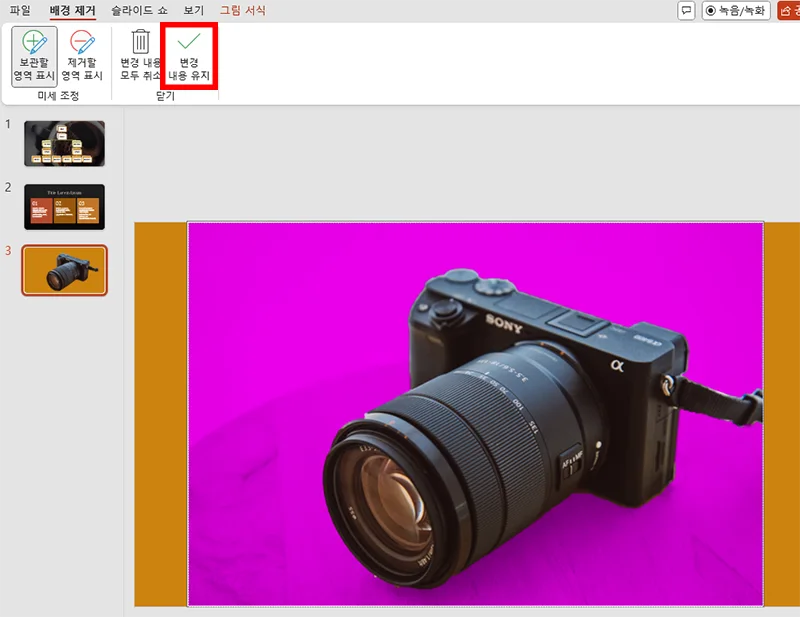 파워포인트 배경 제거 작업 완료 후 변경 내용 유지 버튼 활성화 모습
