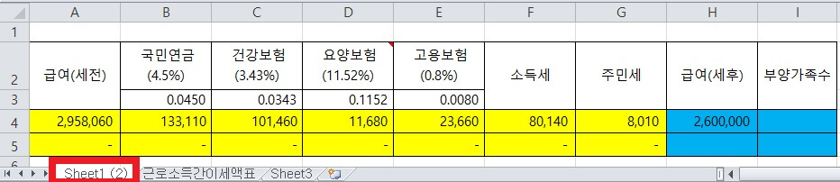 세후 급여와 부양가족 수를 입력하면 4대보험과 소득세&#44; 주민세를 계산하여 세전 급여 추정액을 계산 할 수 있도록 시트1에 간단하게 서식을 만들어 주었습니다.