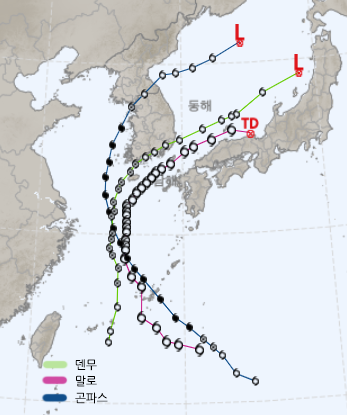 2010년 한국에 영향을 준 태풍 경로