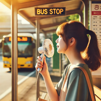 여성이 버스정류장에서 휴대용 선풍기를 들고있다. 얼굴쪽으로 바람을 내뿜고 있다.