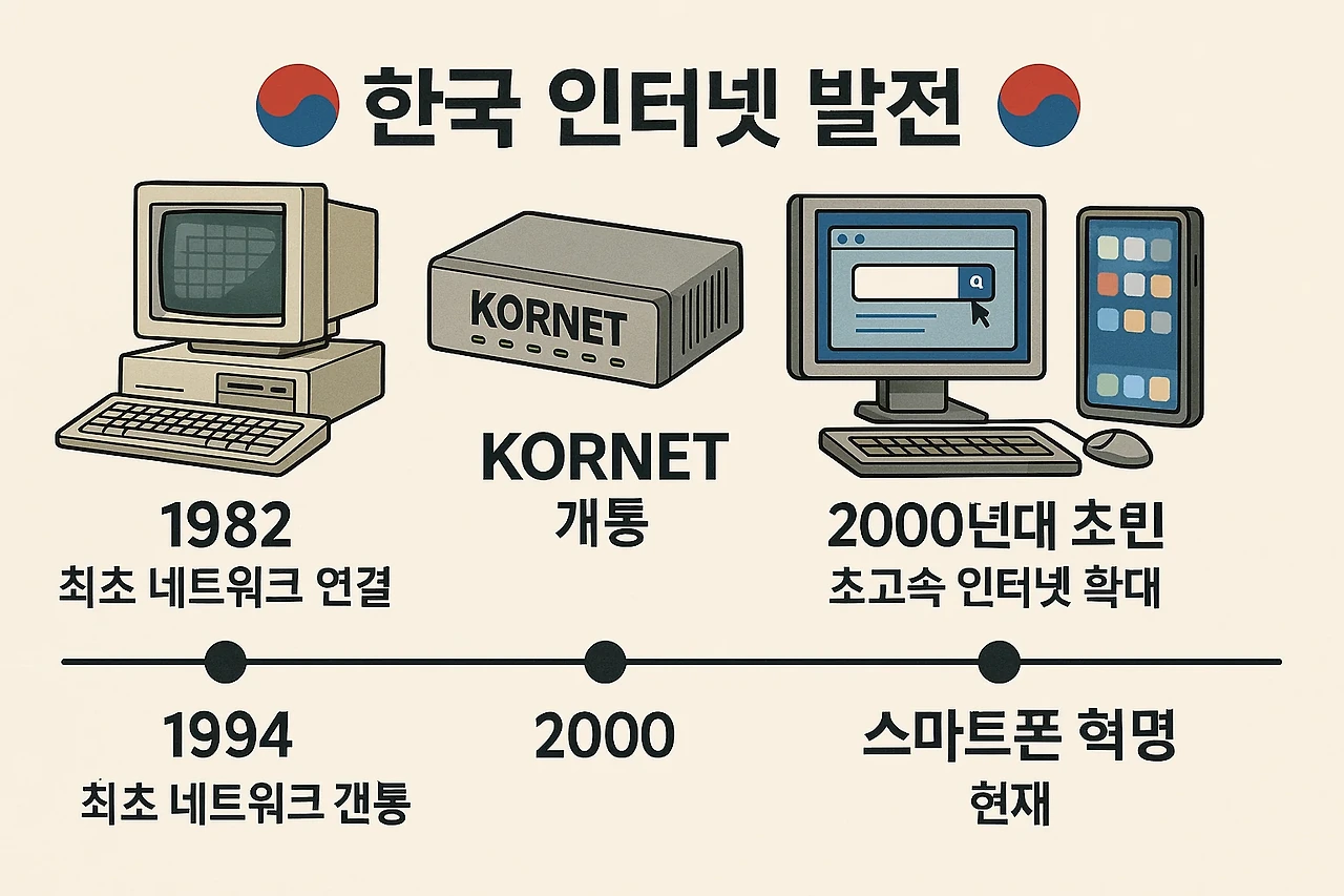1982년부터 현재까지 한국 인터넷 발전의 주요 이정표를 보여주는 타임라인, 1982년 최초 네트워크 연결, 1994년 KORNET 출시, 2000년대 초 초고속 인터넷 확산, 스마트폰 혁명 등을 포함