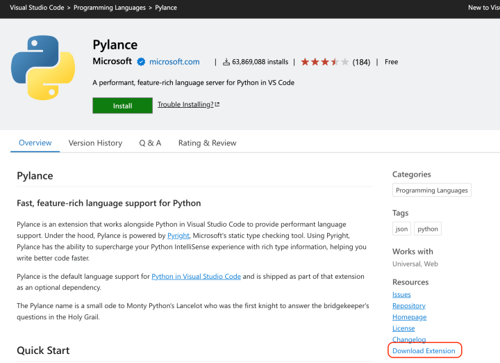 vscode용 pylance extension 상세 페이지-우측에 다운로드 링크 표시